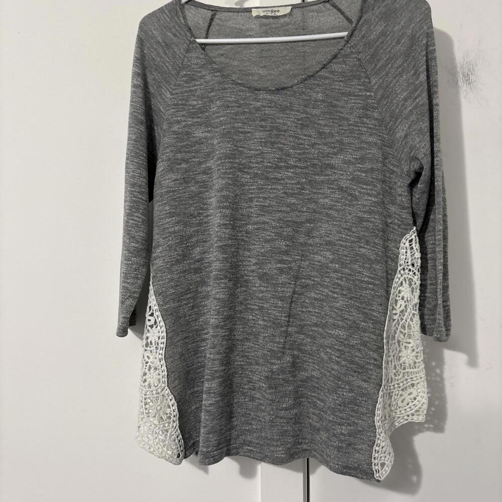 Umgee Blouse Small Grey Floral Crochet Sheer 3/4 Sleeve Lace Feminine Boho Girly
